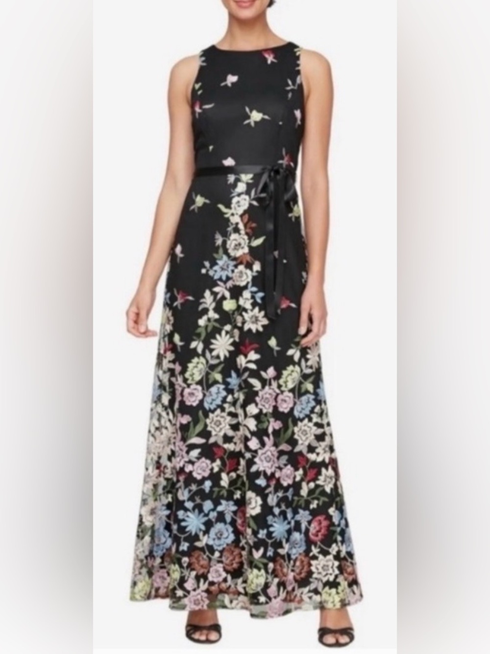 ALEX EVENINGS Black Floral GOWN  EMBROIDERED FLOWERS Wedding NWT great MOB/MOG 6